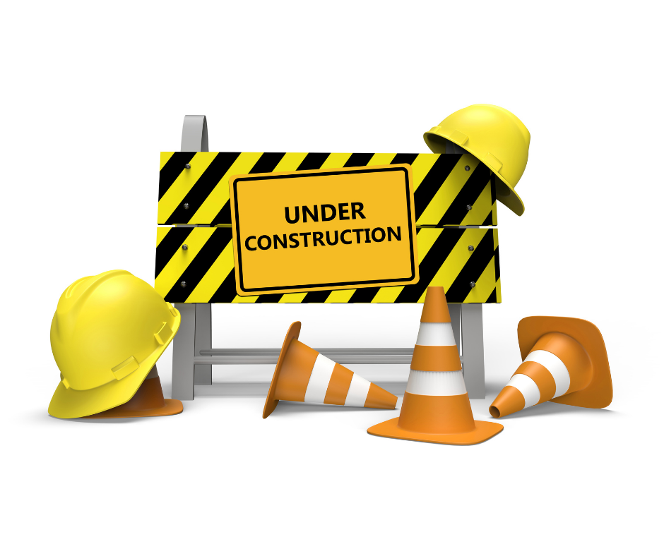graphic of a construction barrier with hard hats and orange cones on it