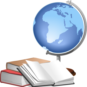 graphic of a globe with school books beside it to symbolize education interpreter